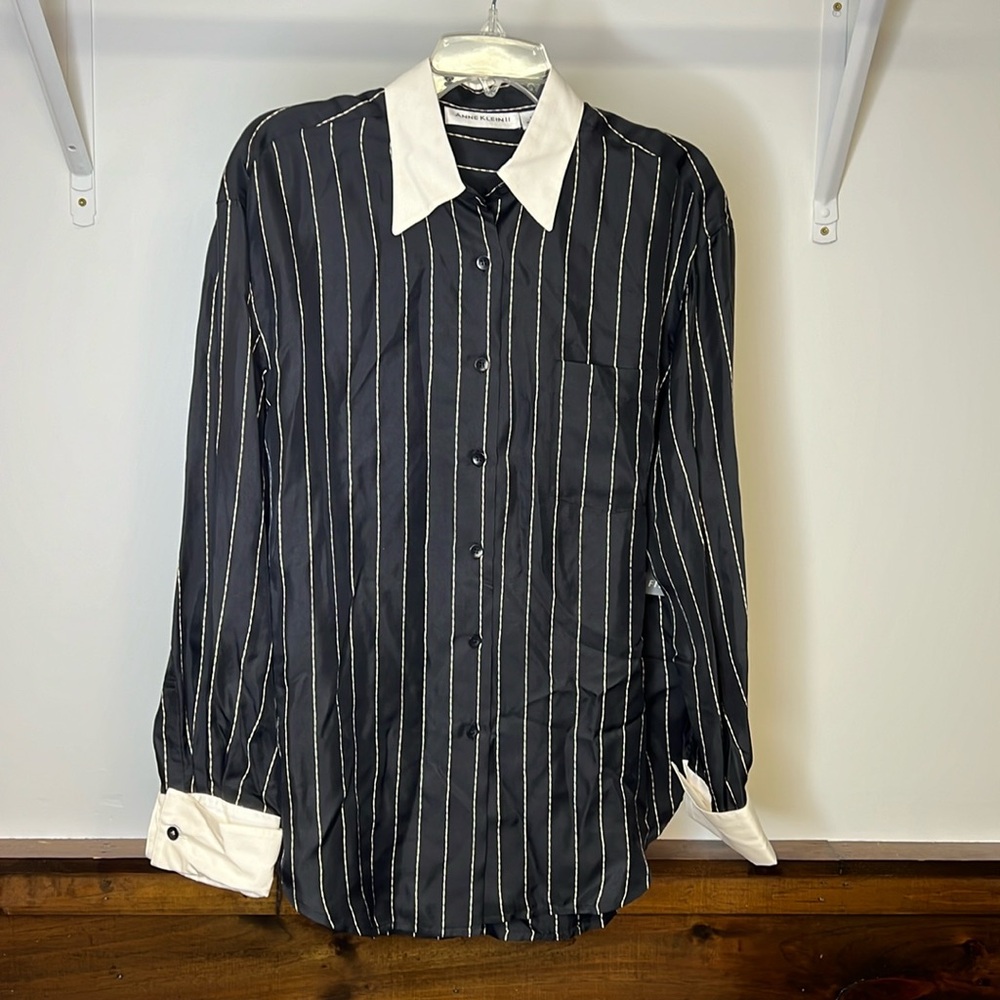 NWT Anne Klein Deadstock Black & Cream Striped Oversized Button Down Shirt XL/16